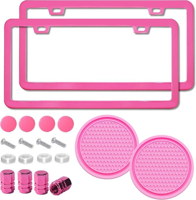 ZukMi 2 Pack License Plate Frame for Car Matte Metal Aluminum Rust-Proof License Plate Holder Cover Gloss Black Front Rear Number Tag Frame for Men Women Universal Fit (Pink) - Image 1